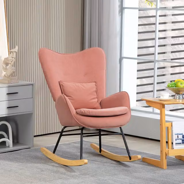 HOMCOM Pink Velvet Rocking Chair with Lumbar Pillow and Armrests