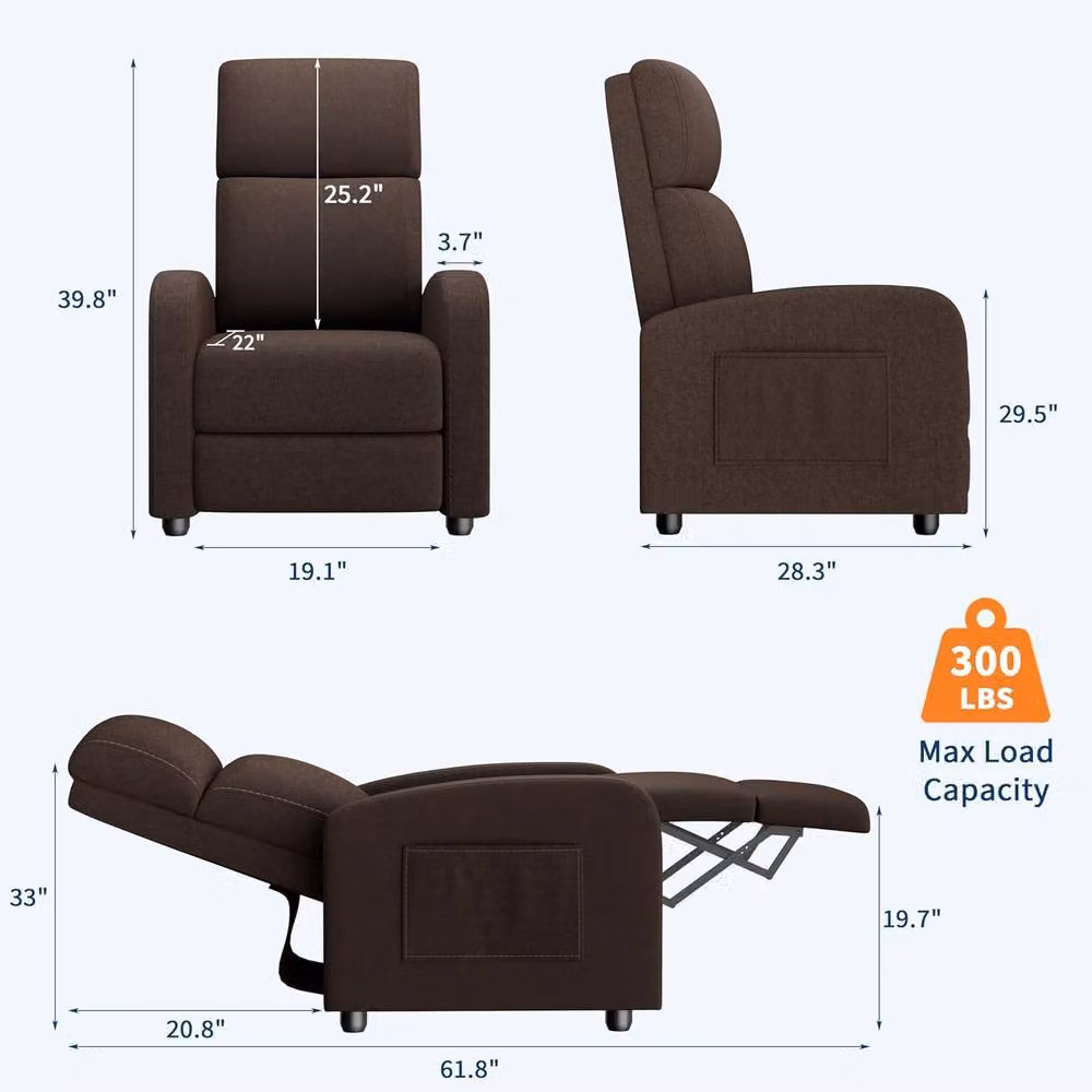 London Boutique Brown Fabric Manual Recliner Chair with Cushion and Side Pocket – 3