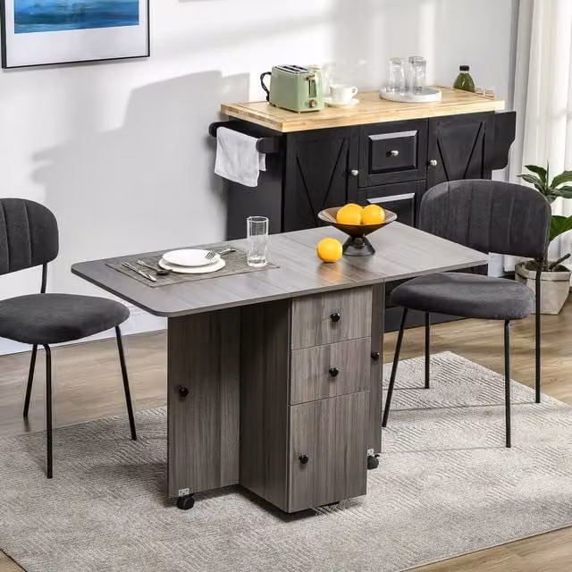 HOMCOM Grey Folding Dining Table with Drop Leaf, Drawers, Cabinet and Open Shelf