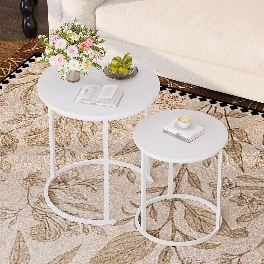 Huhote Round Nesting Coffee Tables Set of 2 with White Wood Tops and White Metal Frames – 2