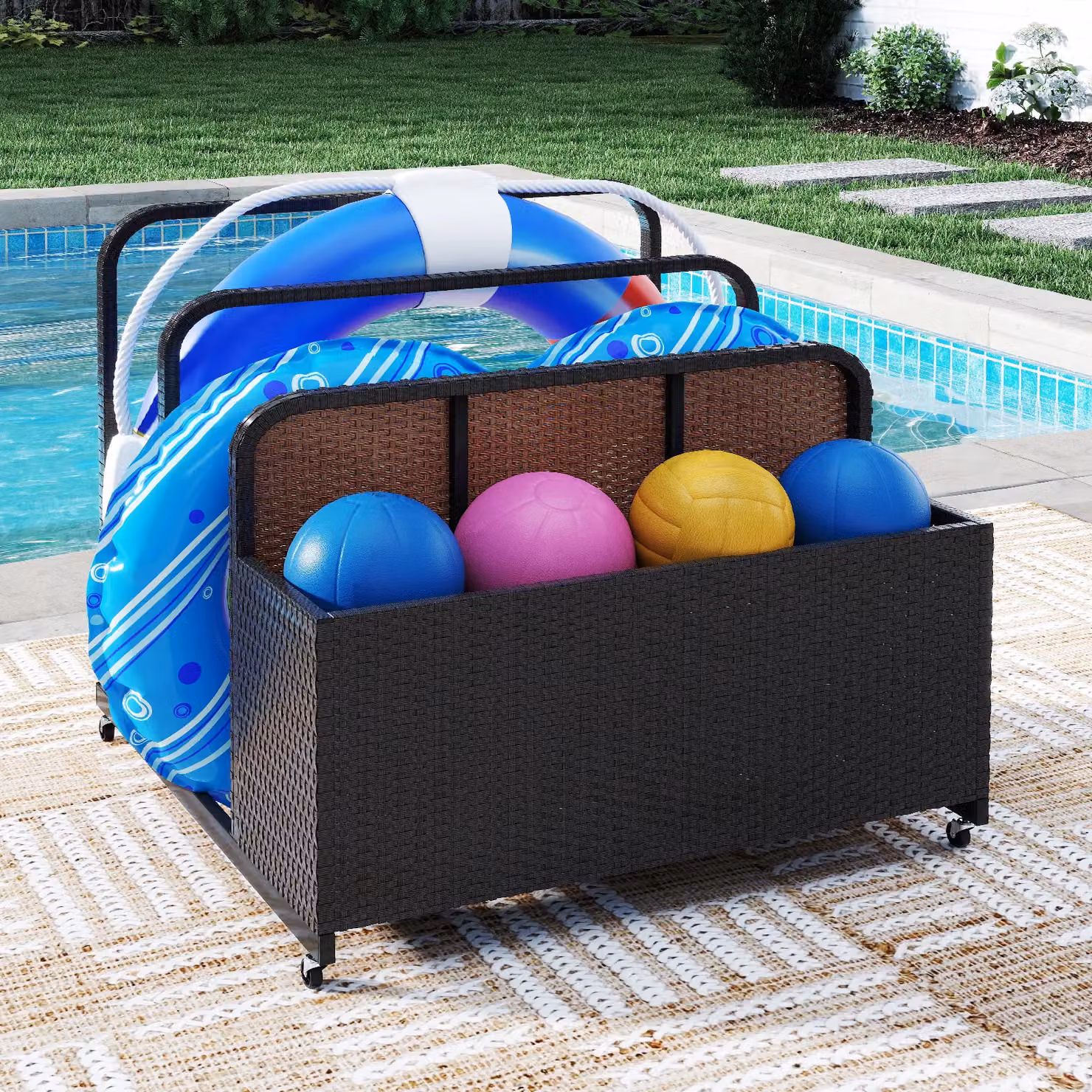 Costway Wicker Patio Pool Float Storage Organizer Caddy Basket in Brown – 9