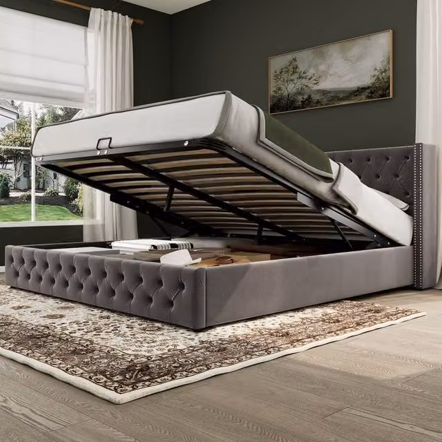 ModernLuxe Grey Velvet Upholstered King Bed with Hydraulic Lift-Up Storage and Headboard, W: 150 cm, D: 200 cm – 1