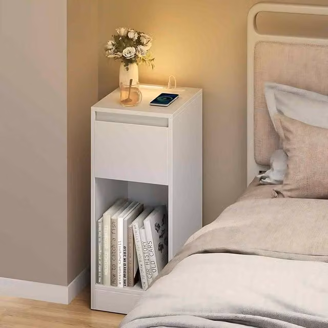 The Bazaarist Set of 2 Slim Bedside Tables with Integrated LED Charging Station in Soft White