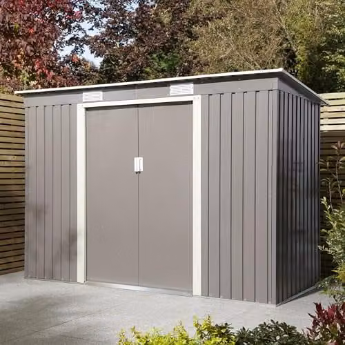 Rowlinson Trentvale 8x4 Metal Pent Shed in Light Grey with Foundation Kit and Double Doors – 1
