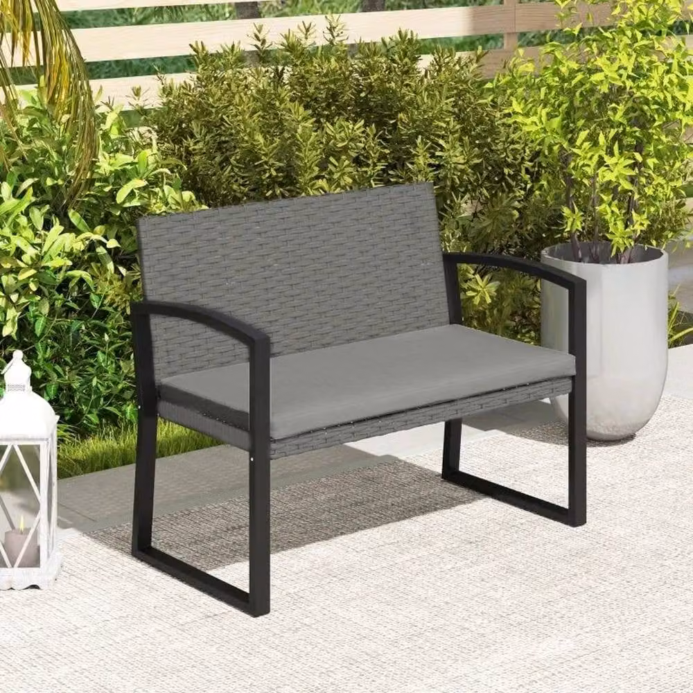 FLAVORA 2 Seater Grey Rattan Garden Bench Outdoor Wicker Loveseat – 6