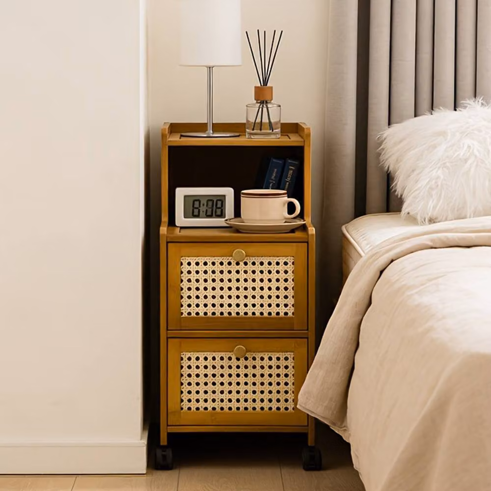 FORGEVIO Narrow Bamboo Nightstand with Rolling Drawer and Castors in Natural Brown – 3