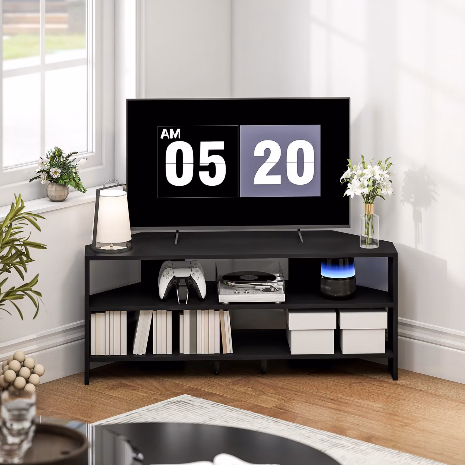 HOMCOM Black Corner TV Stand with 2 Open Shelves for up to 47 Inch TVs – 4