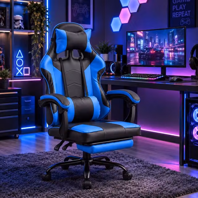 Samuel Alexander Blue Faux Leather Ergonomic Gaming Chair with Headrest and Foot Ring – 1
