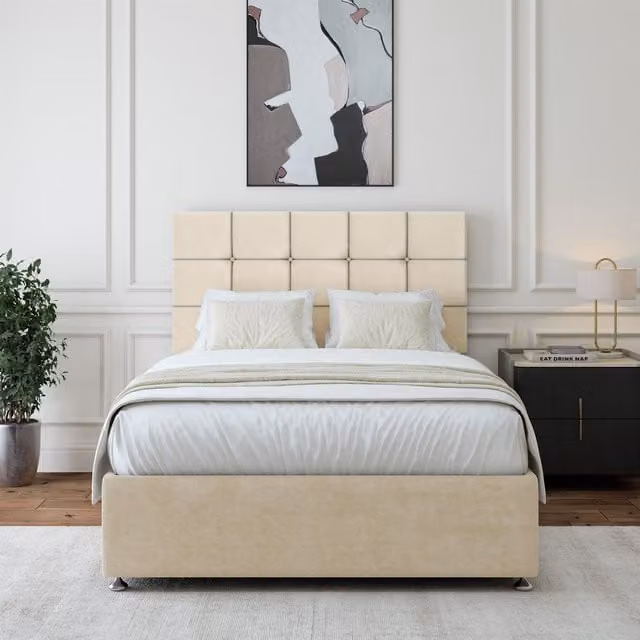 Bedmaster Luxury Velvet Super King Divan Base with 2 Drawers and Square Headboard in Natural