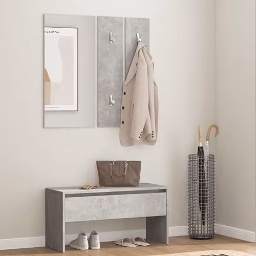 vidaXL Modern Hallway Furniture Set in Concrete Grey MDF with Bench, Mirror and Panel – 2
