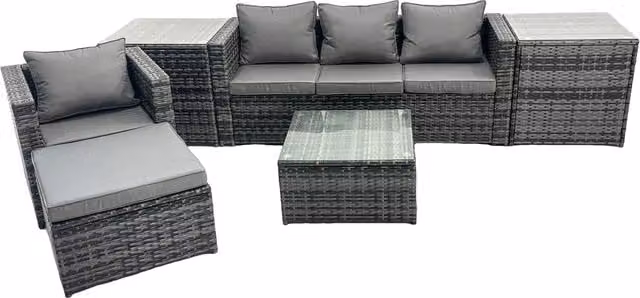 Fimous 5-Seater L-Shape Outdoor Rattan Patio Sofa Set in Grey with Armchair, Coffee Table and Ottoman