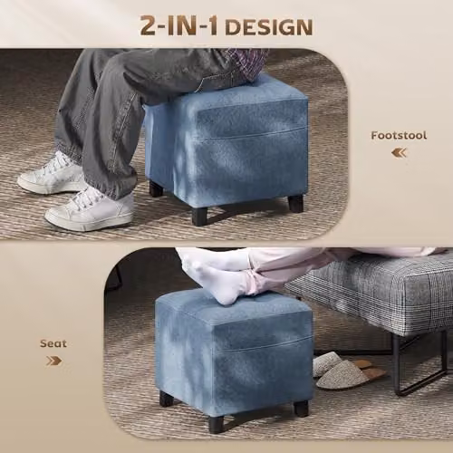 HOMCOM Square Fabric Ottoman Footstool with Side Pocket in Blue, W/D/H: 35 x 35 x 35 cm – 3