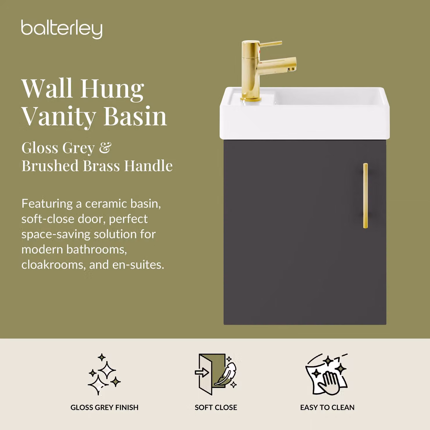 Balterley Wall Mounted Gloss Grey Vanity Basin with Brushed Brass Handle, Width: 40 cm – 2