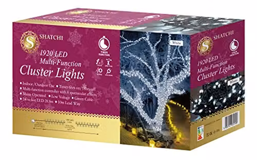 Shatchi 1920 LED Christmas Tree Cluster Lights with Timer and 8 Light Modes, Cool White on Green Cable – 5