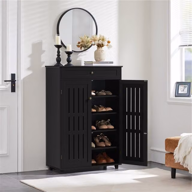 Yaheetech Modern Black Shoe Cabinet with Drawer and Hinged Doors