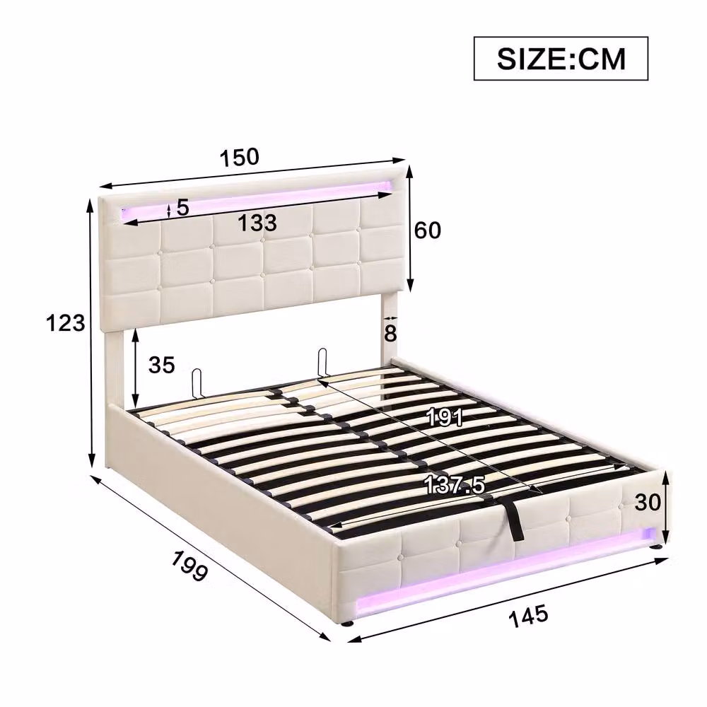 Merax Double Velvet Ottoman Storage Bed with Under-Bed Lighting and Tufted Headboard in Beige – 4
