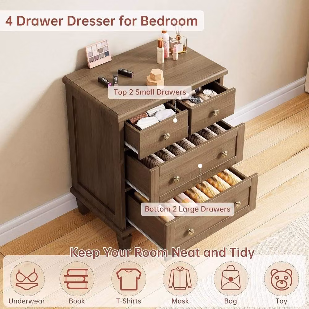 VOGREX Vintage 4 Drawer Wood Dresser in Brown – 4