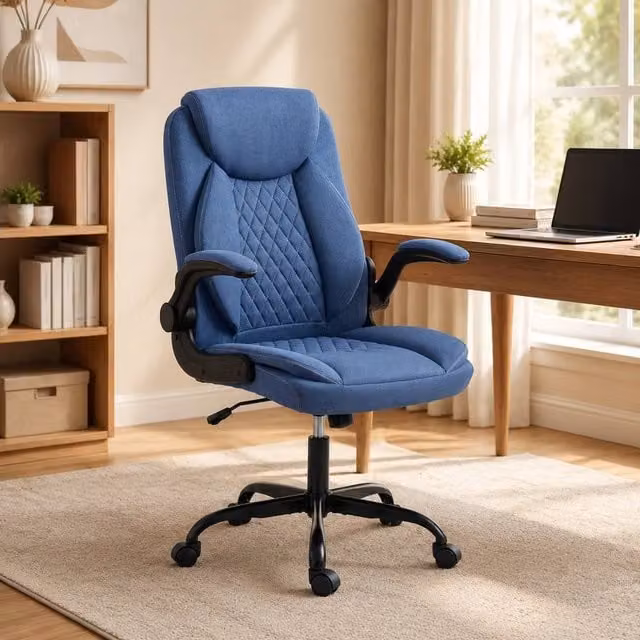 STILVORA Blue Fabric Office Chair with Flip-Up Armrests, W: 120 cm, D: 47 cm