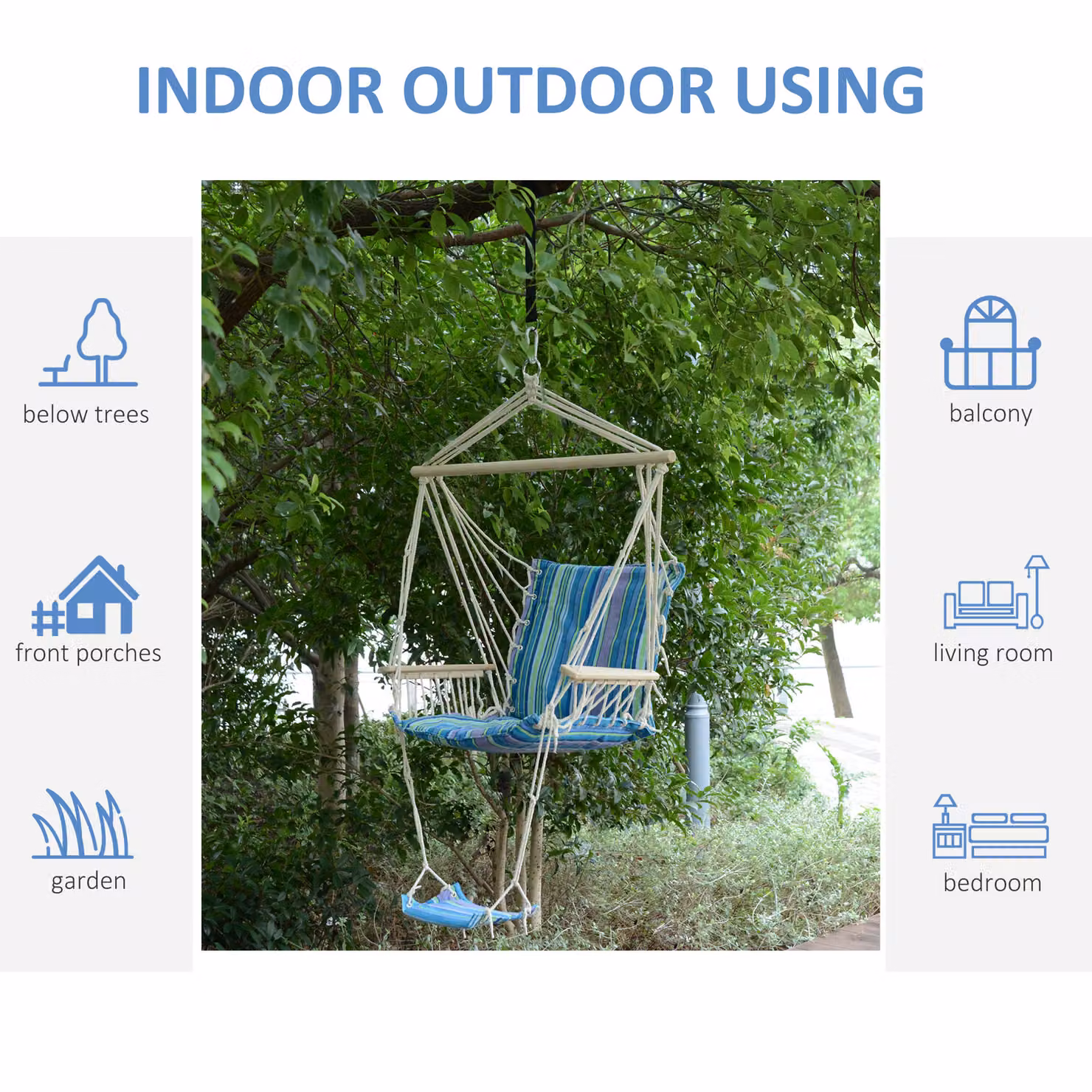Outsunny Blue Wooden Patio Swing Seat with Armrests and Striped Cotton Cloth – 3