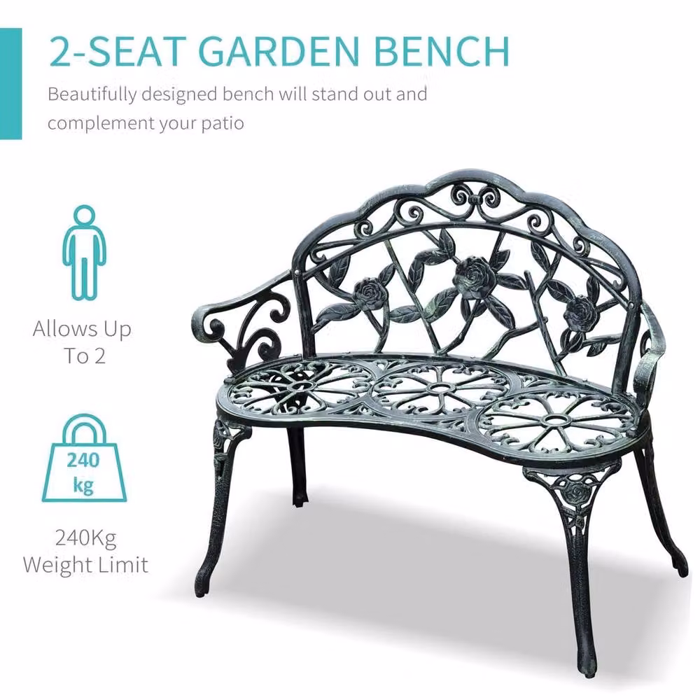 NESTLUNE Vintage Floral Cast Metal Garden Bench in Dark Green with Armrests – 2