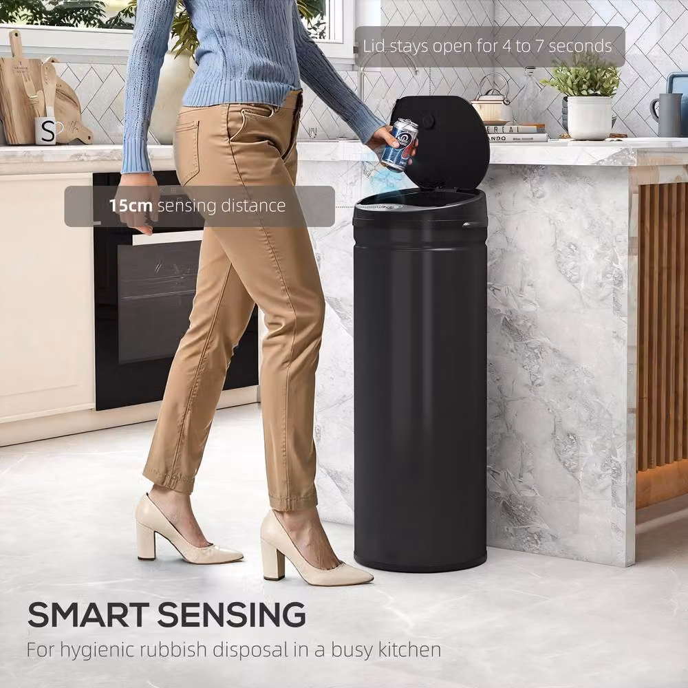 HOMCOM 50L Sensor Bin with Soft-Close Lid and Stainless Steel Finish in Black – 3