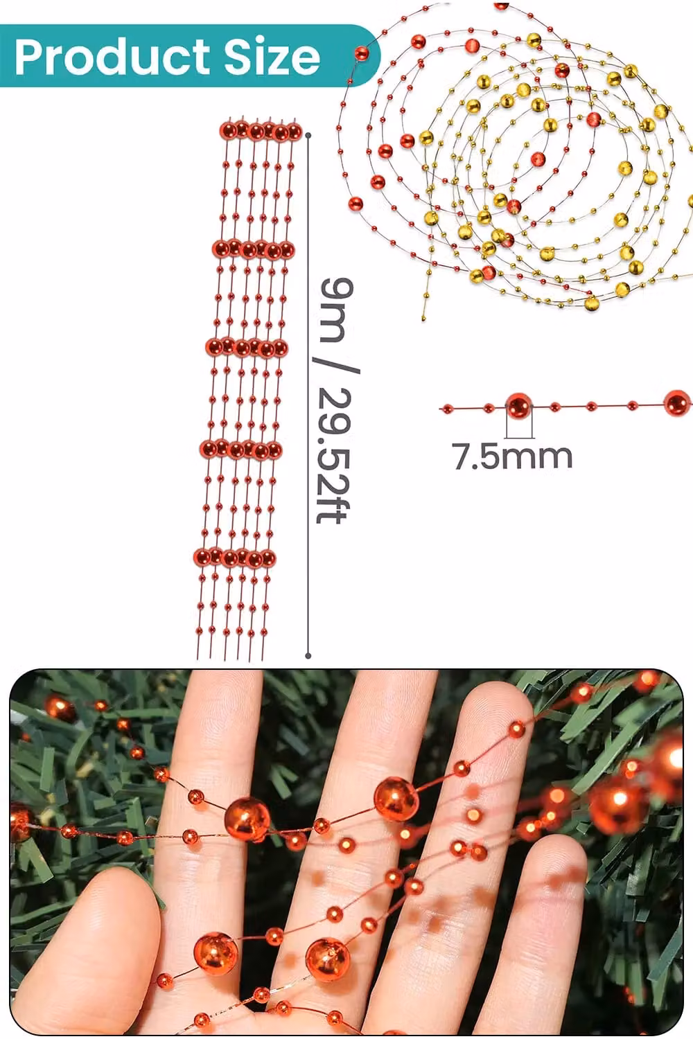 Neel Blue 9m Christmas Metallic Bead Chain in Red and Gold with 7.5mm Pearl Garland – 1