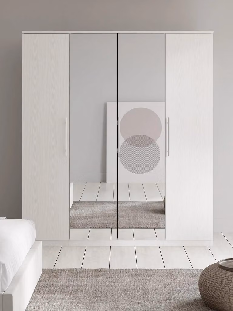 Prague 4 Door Mirror Wardrobe in White with Integrated Drawers and Internal Shelving