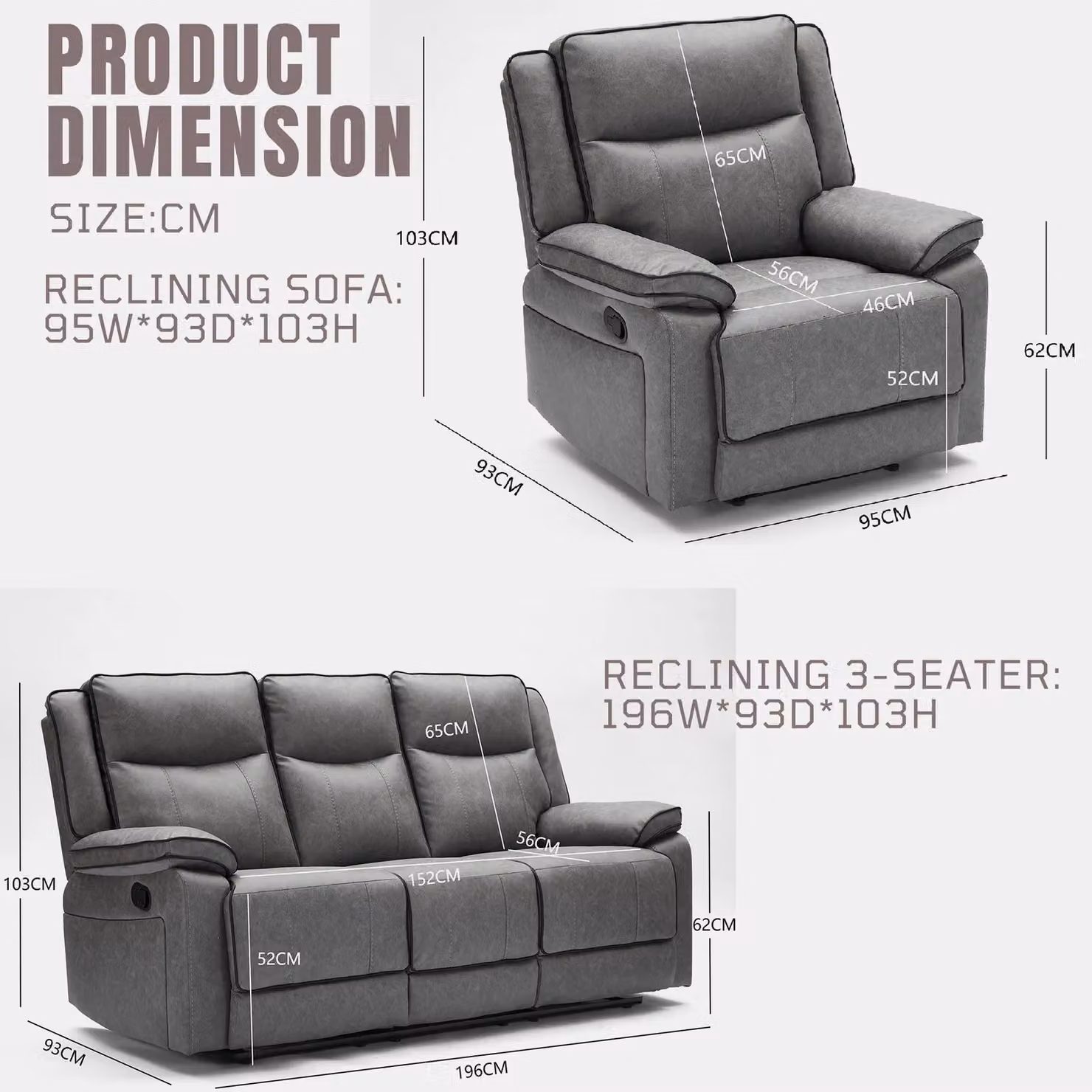 Furniture One Manual Recliner Sofa Set in Grey, including 3 Seater and Armchair – 2