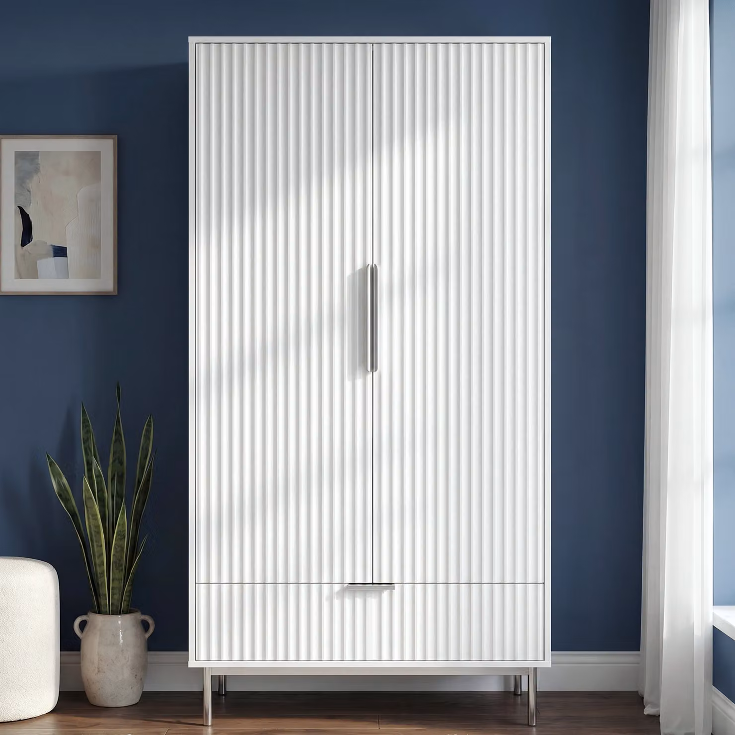 DHS Fluted Painted 2 Door Wardrobe with Drawers and Hanging Rail in White, H 180.3 x W 90.0 x D 55.0 cm