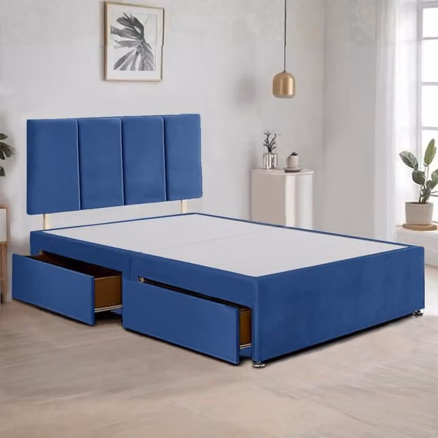 Bed Time UK Plush Velvet Divan Bed Frame with 2 Drawers and 20 Inch Vertical Line Headboard in Blue, W/D/H: 180 x 200 cm