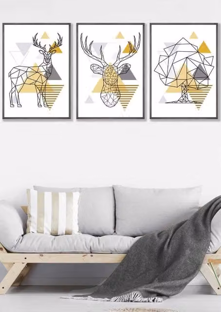 ARTZE Geometric Line Art Yellow Stags and Trees Framed Wall Art Set in Dark Grey, W: 53 cm, H: 73 cm, D: 2 cm