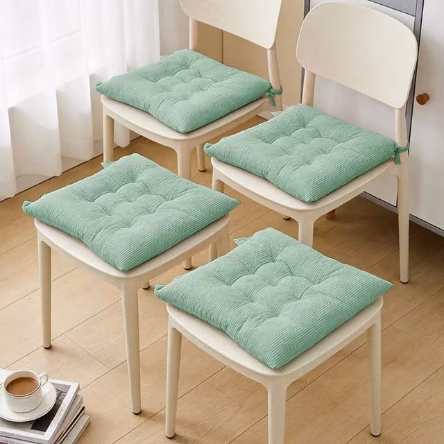Livingandhome Set of 4 Green Corduroy Square Chair Cushions with Ties, Ergonomic and Quilted Design