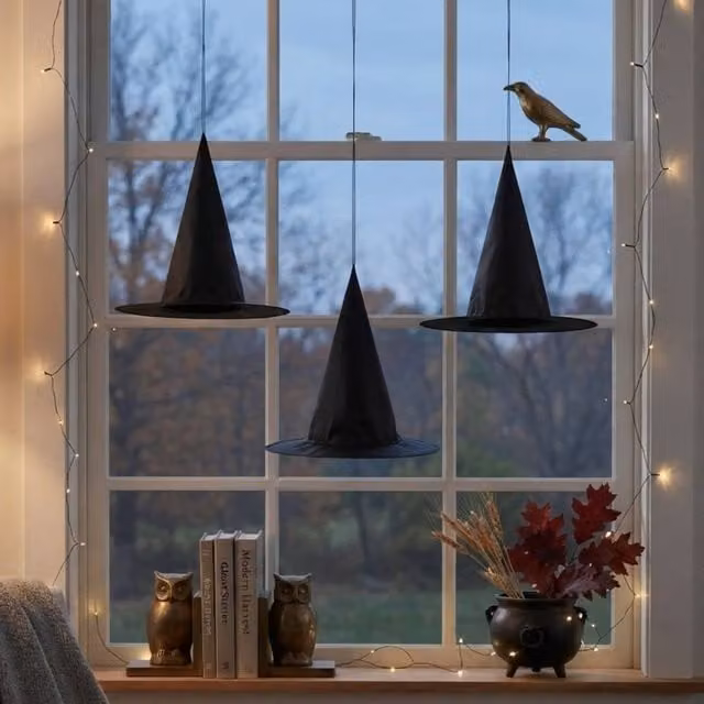 Garden Greatness 3 Pack Hanging Witch Hat Halloween Decorations in Black and Multicolour – 1