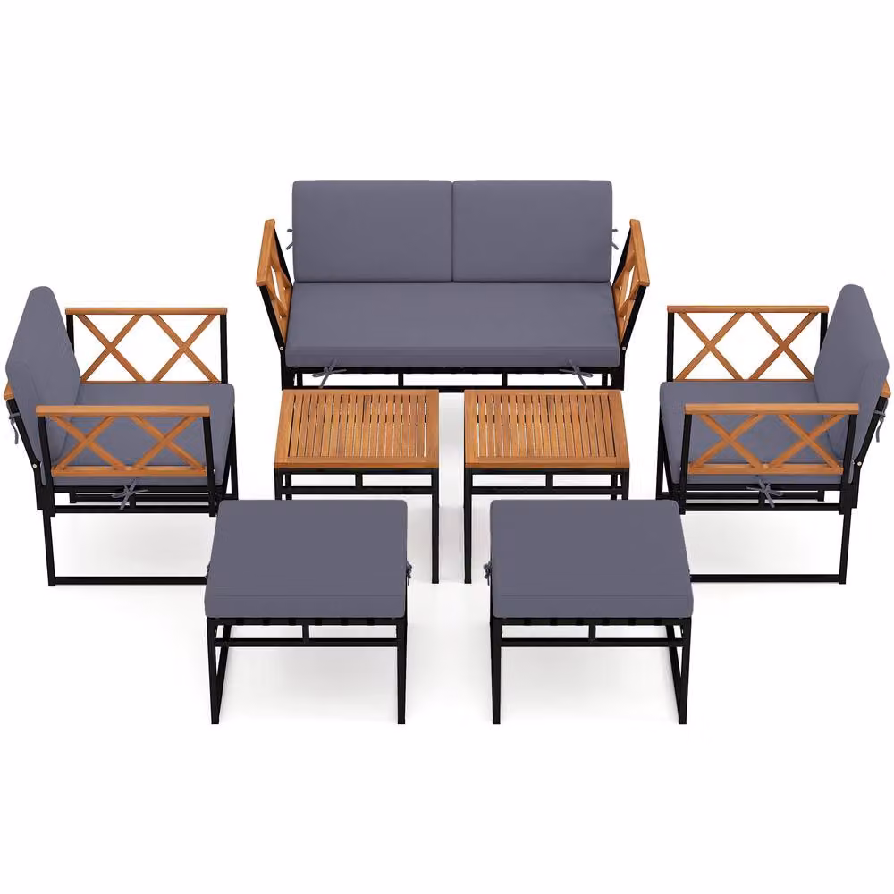 Gymax 7-Piece L-Shape Sectional Garden Sofa Set with Coffee Table and Ottoman in Brown – 8