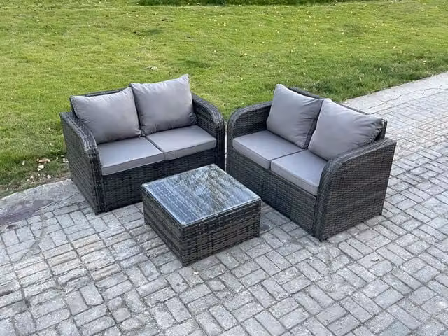 Fimous Rattan Outdoor Garden Furniture Set with Loveseat Sofa and Square Coffee Table in Dark Grey Mixed