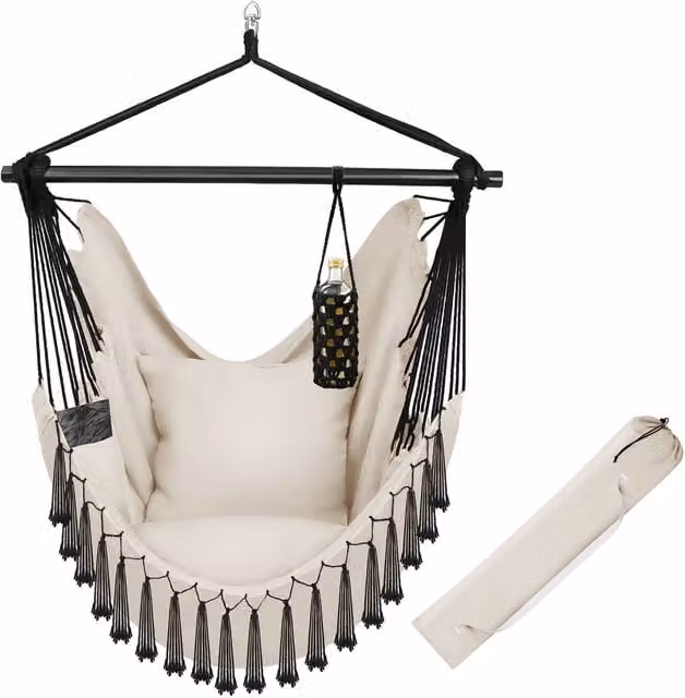 tectake Malika Boho Style Hanging Chair in Beige – 1