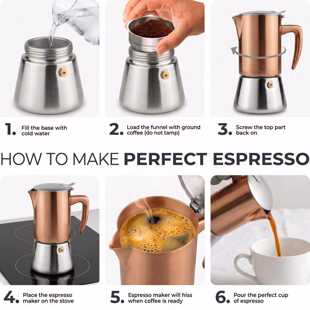 Crystals 6 Cup Stainless Steel Espresso Maker Stovetop Coffee Moka Pot in Copper and Bronze – 4