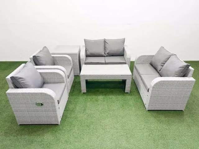 Fimous 6 Seater Rattan Garden Furniture Set in Light Grey with Reclining Chairs, 2 Seater Sofa, Coffee Table and Side Table
