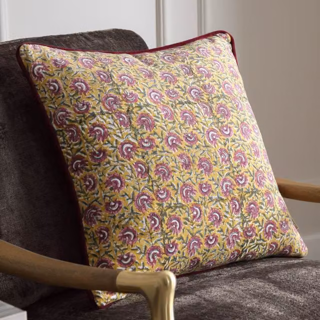 Paoletti Chedworth Floral Cotton Velvet Square Cushion in Gold, Pink and Multicolour, W/D/H: 50 x 50 x 50 cm