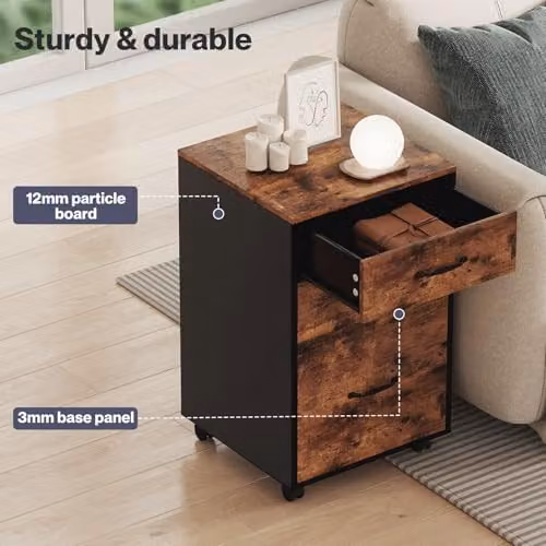 Levede 3 Drawer Slim Mobile Filing Cabinet in Brown with Castors for Home Office, W/D/H: 40.0 x 14.85 x 68.0 cm – 4