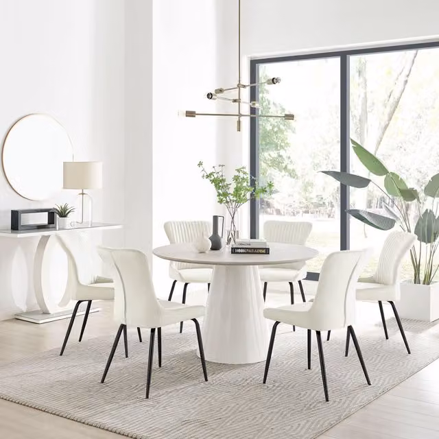Furniturebox Palma Beige Stone Effect Round Dining Table and 6 Nora Black Leg Chairs in Cream