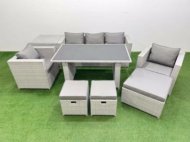 Fimous Modern Garden Furniture Set with 3 Seater Light Grey Rattan Sofa and Black Glass Top Dining Table