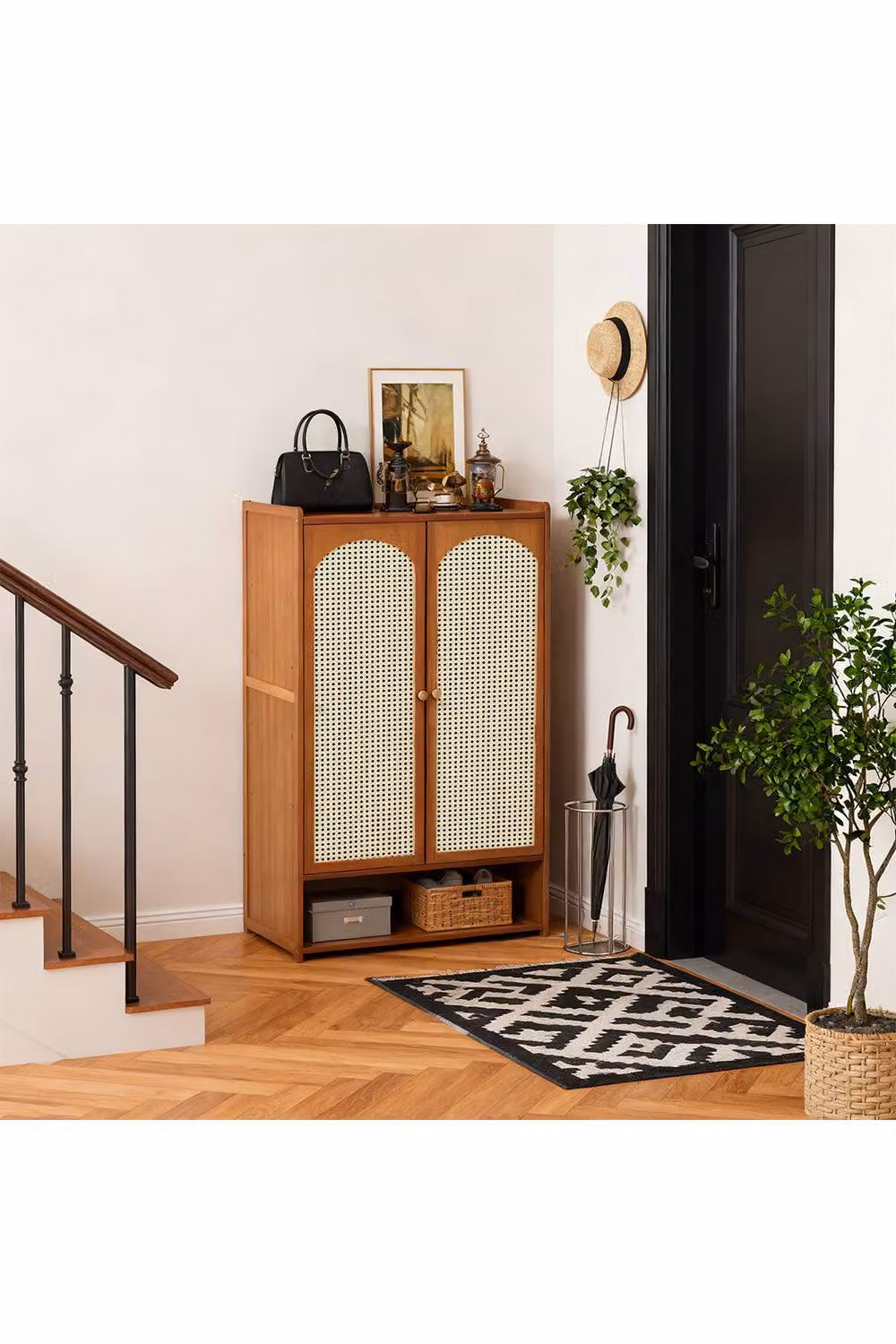 H&O Direct Rustic Brown Shoe Storage Cabinet with Rattan Hinged Doors and Internal Shelves, W/D/H: 110.0 x 59.0 x 2.0 cm – 2