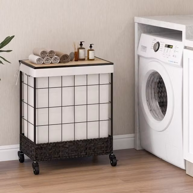 Costway 2 Section Handwoven Rattan Laundry Hamper with Lid and Wheels, 110L, Black