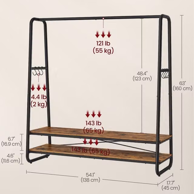 VASAGLE Clothes Rail with 2 Shelves and 6 S-Shaped Hooks, Black and Brown