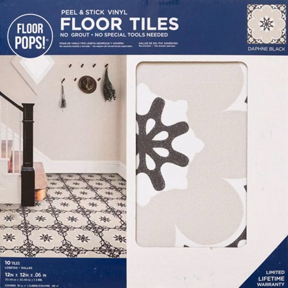 FloorPops Daphne Self Adhesive Vinyl Floor Tiles, Black and Grey, Pack of 10 (0.93sqm), W/D/H: 30.48 x 30.48 x 30.48 cm – 2