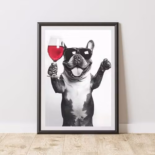 60 Second Makeover Limited Funny French Bulldog Drinking Wine Paper Poster, Black and White, A4