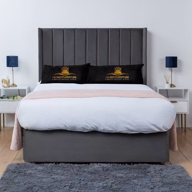 UK Bed Furniture Bella Wingback Divan Bed Base with 54 Inch Headboard in Anthracite Grey, W/D/H: 140 x 200 cm