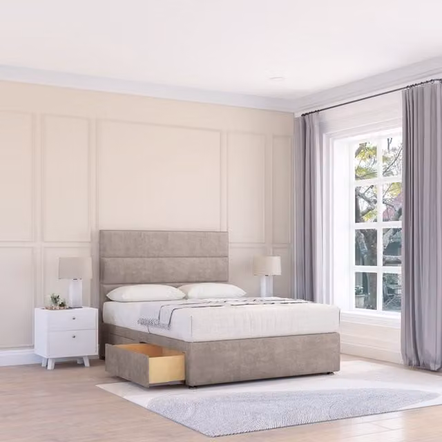 Sloomy Texas Upholstered Divan Bed Base with 4 Drawers and Floor Standing Headboard, Stone, W/D/H: 200 x 200 cm