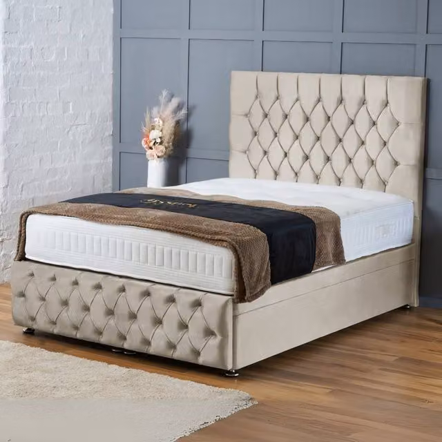BSSPOKE Mulberry Ottoman Divan Bed with 54 inch Headboard and Mattress in Cream Plush Velvet, W/D/H: 90 x 190 cm